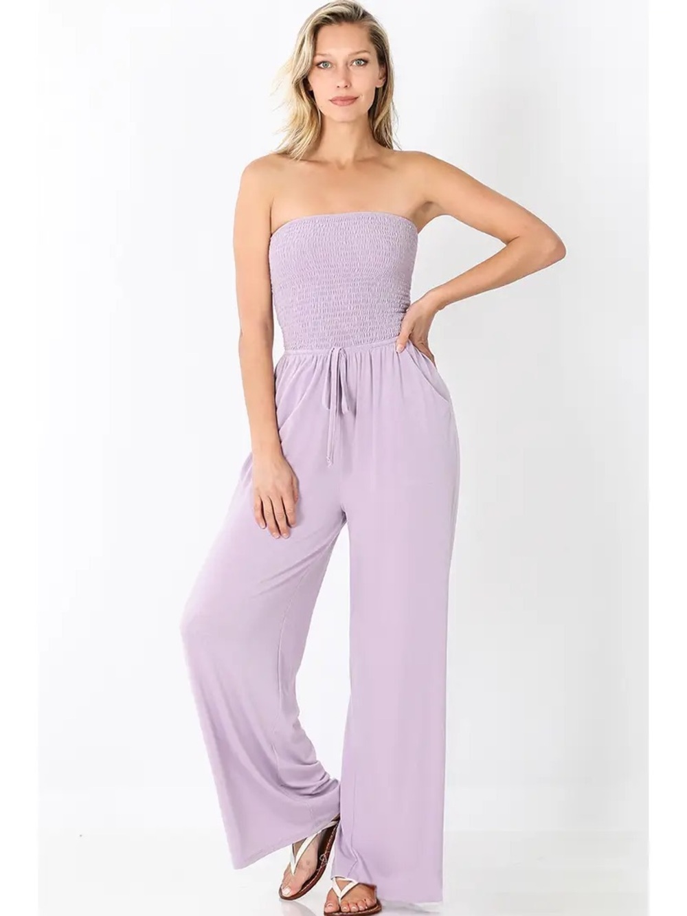 Zenana Outfitters Strapless Smocked Wide-Leg Jumpsuit